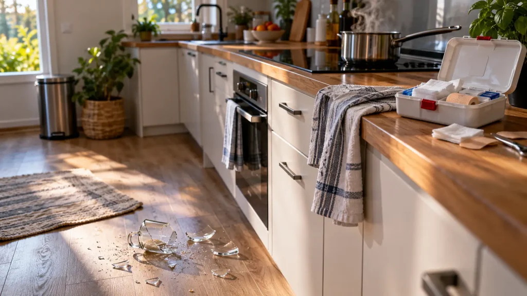 Cuisine familiale contemporaine après un accident domestique, avec une tasse en verre cassée au sol et une trousse de premiers secours ouverte sur le plan de travail.
