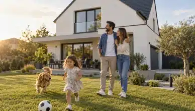 Famille heureuse devant une maison moderne