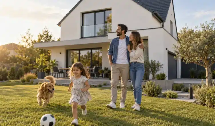 Famille heureuse devant une maison moderne