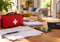 Table en bois avec une trousse de premiers secours, des documents administratifs, des factures médicales, un téléphone et un portefeuille dans un intérieur résidentiel lumineux.