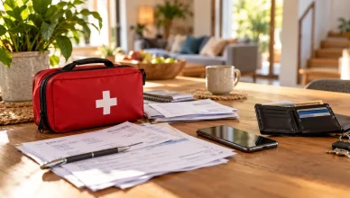 Table en bois avec une trousse de premiers secours, des documents administratifs, des factures médicales, un téléphone et un portefeuille dans un intérieur résidentiel lumineux.