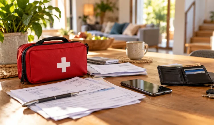 Table en bois avec une trousse de premiers secours, des documents administratifs, des factures médicales, un téléphone et un portefeuille dans un intérieur résidentiel lumineux.